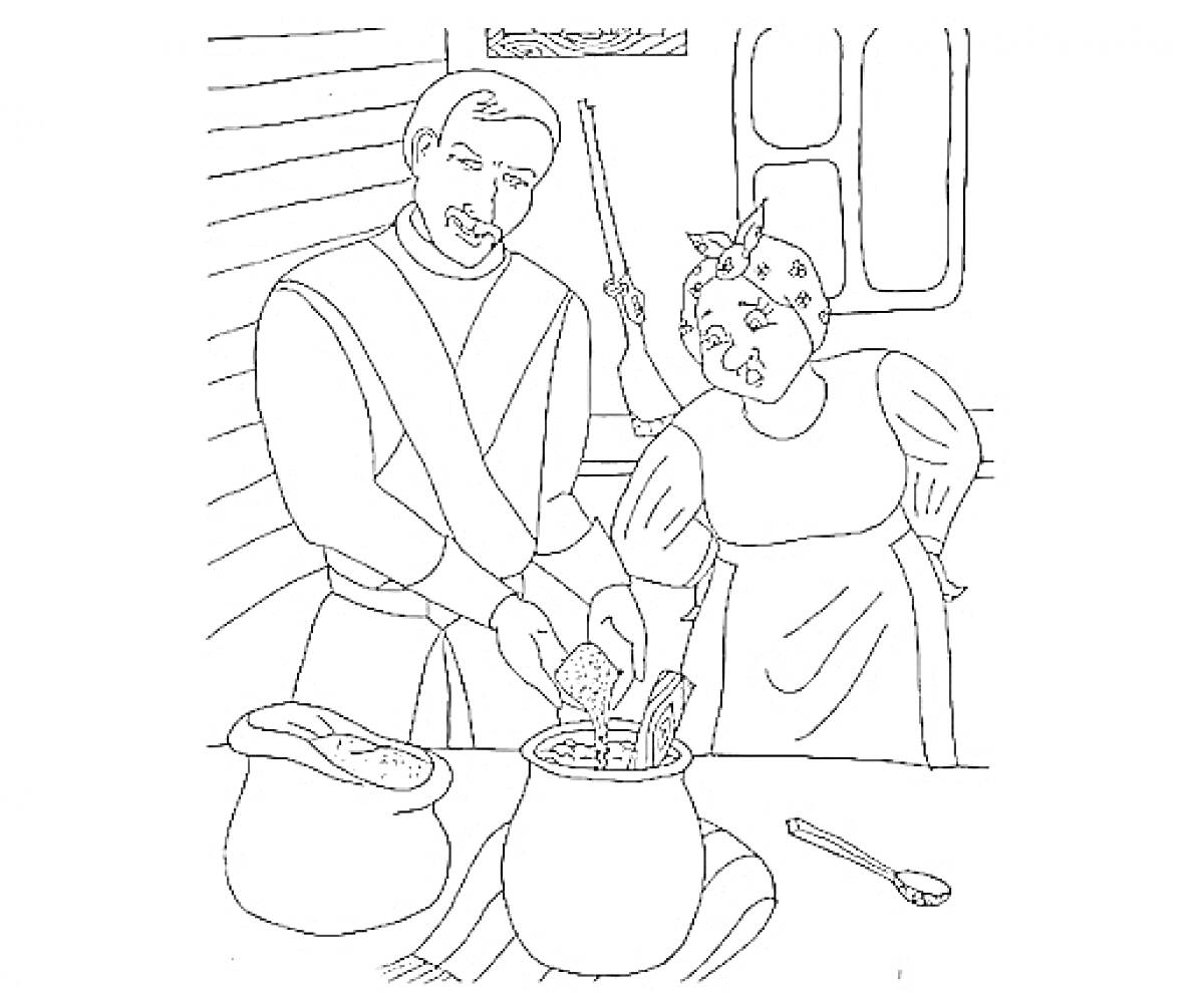Раскраска Солдат и женщина варят кашу из топора на кухне, рядом лежат буханка хлеба и ложка