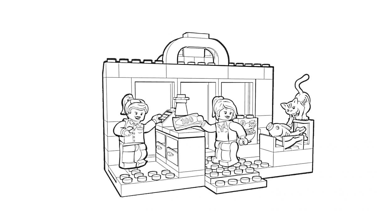 Раскраска Лего-набор с двумя фигурами людей, кошкой и домашней обстановкой