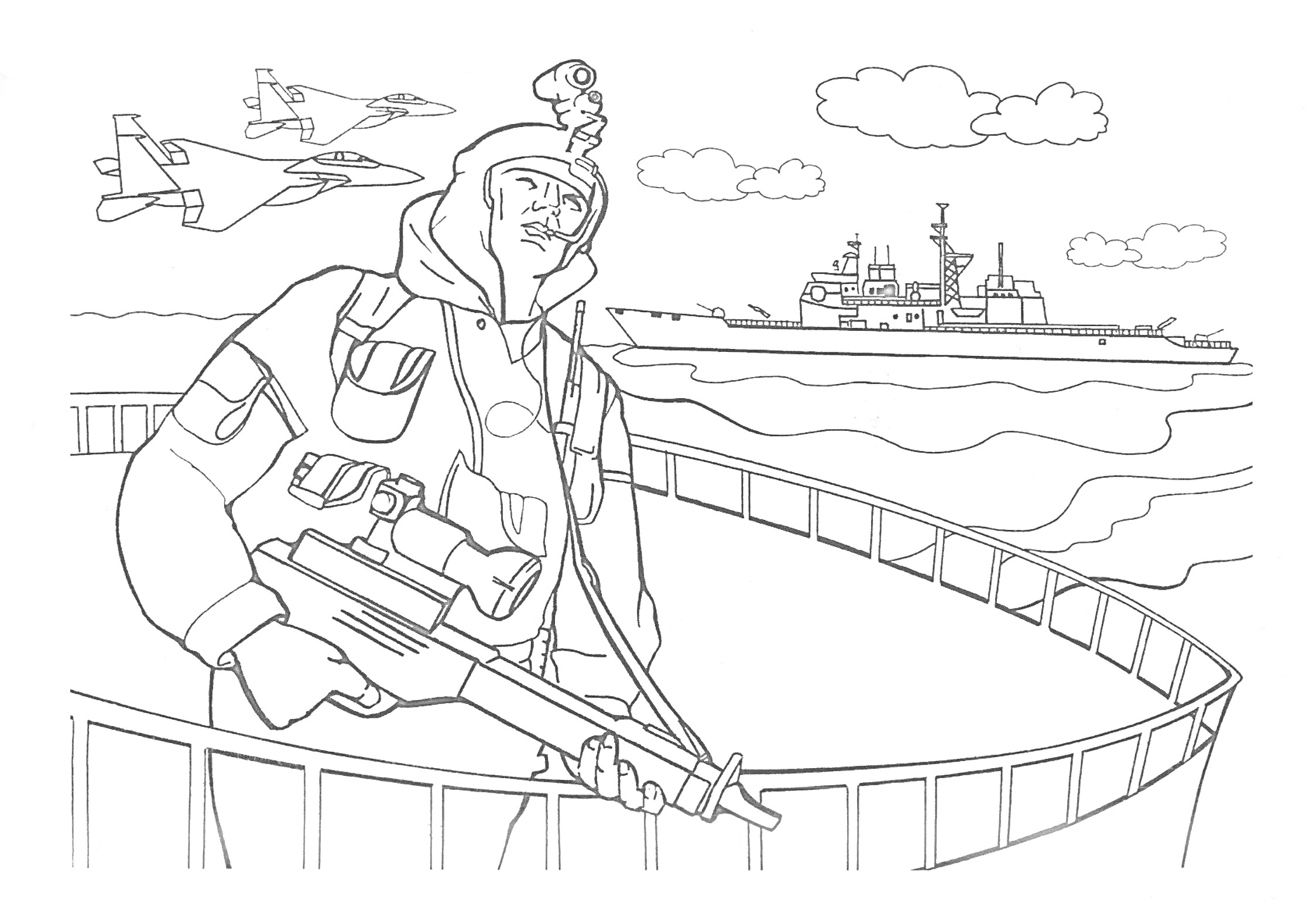 Раскраска Солдат с винтовкой на корабле, истребители в небе и военные корабли в море