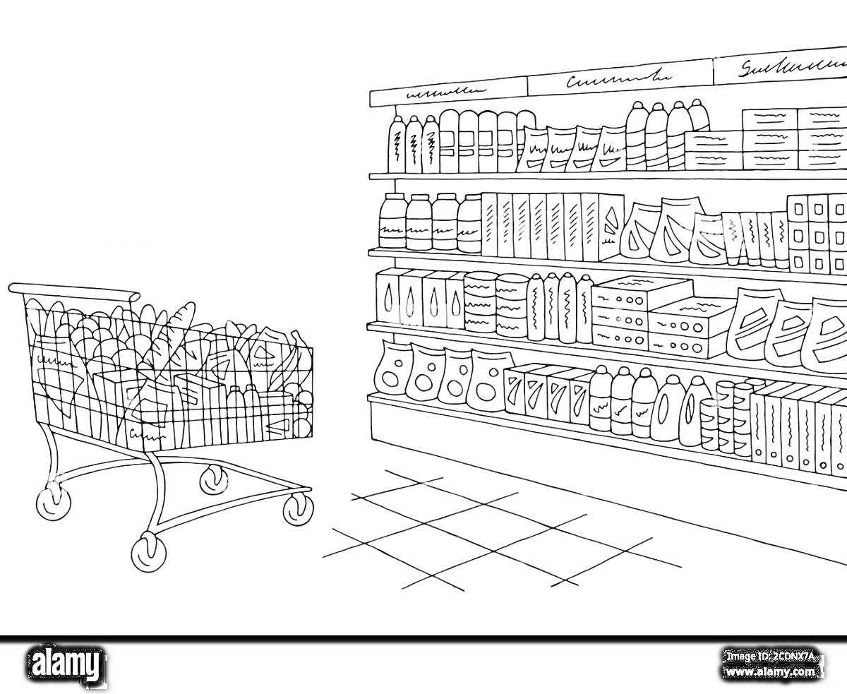 Тележка с продуктами и полка с товарами в магазине