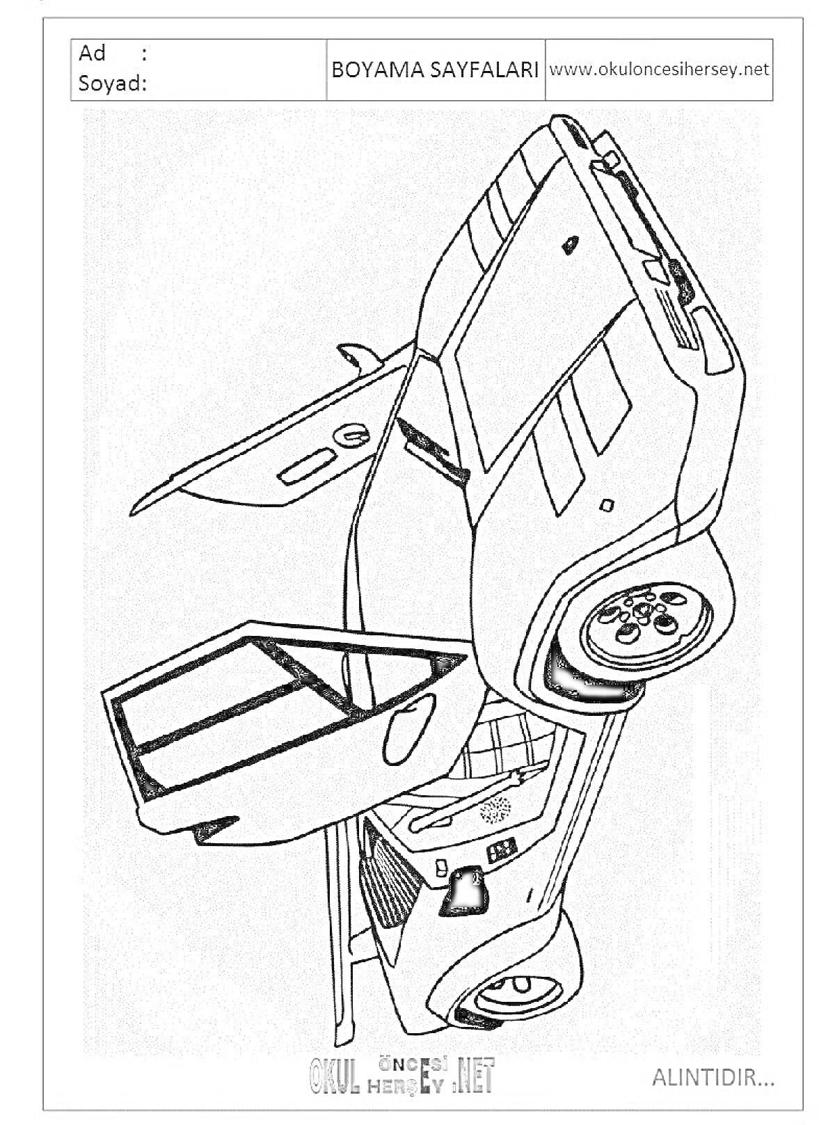 На раскраске изображено: Спортивная машина, Транспорт, Открытая дверь, Контурные рисунки