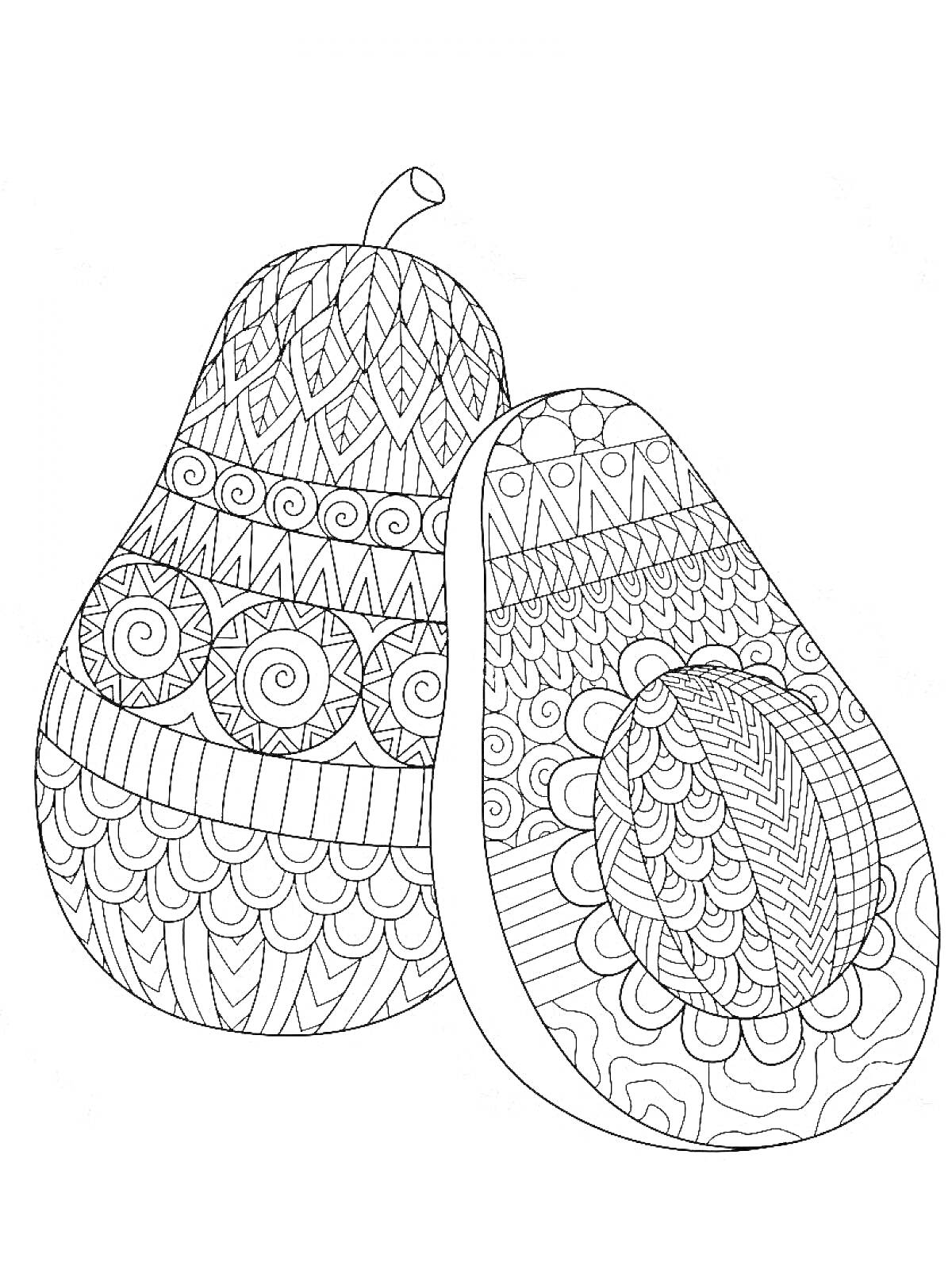 Раскраска Узоры на целиком авокадо и половинке авокадо с косточкой