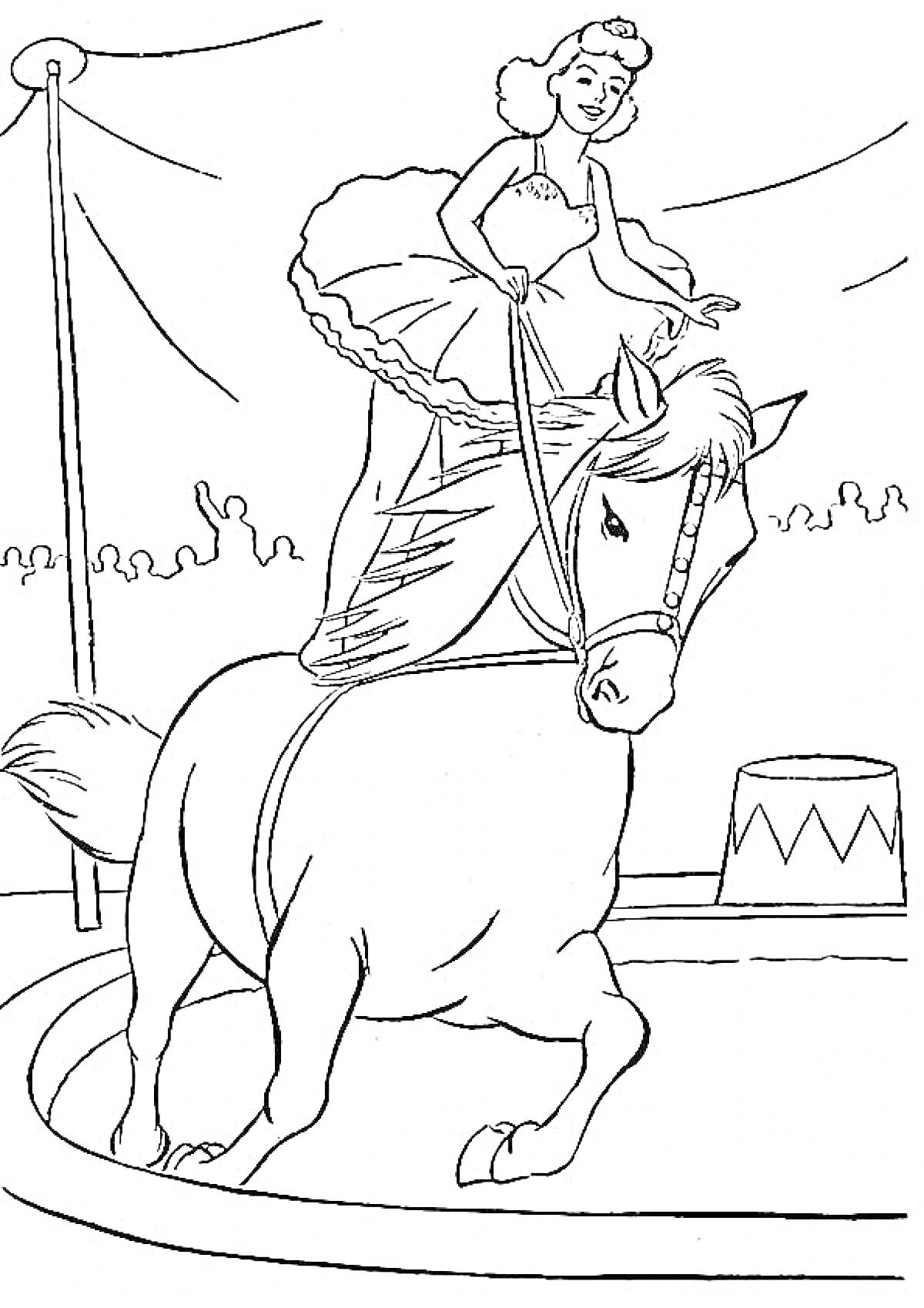 Раскраска Акробатка на лошади в цирке перед зрителями