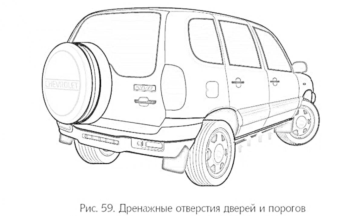 Шевроле Нива, вид сзади, задняя дверь, задние колеса, задний бампер, дренажные отверстия дверей и порогов