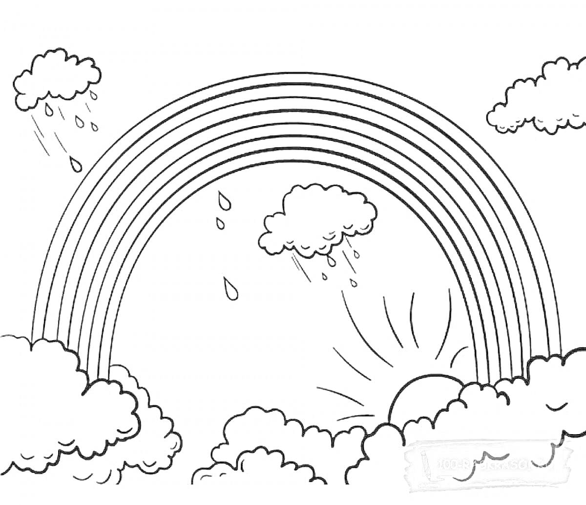 Раскраска Радуга с облаками, солнцем и дождиком