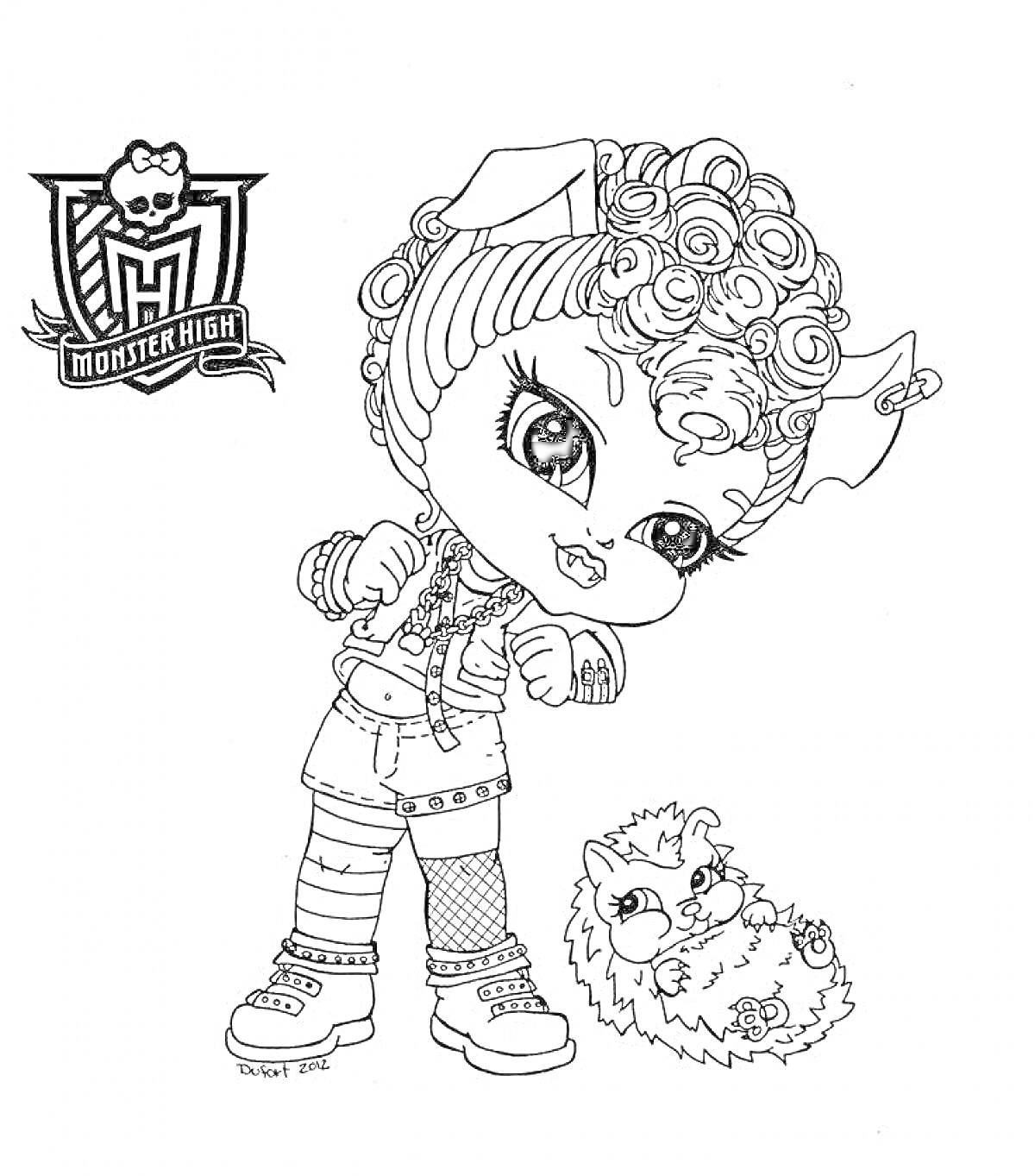 Раскраска Девочка-монстр с кудрявыми волосами и бантом в ушах, держащая руки в позе когтей, рядом с пушистым питомцем. Логотип Monster High в верхнем левом углу.