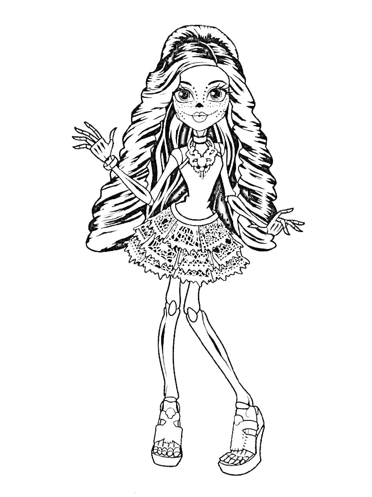 Раскраска Девушка с длинными волосами, в очках, ожерелье, юбка с узором, босоножки
