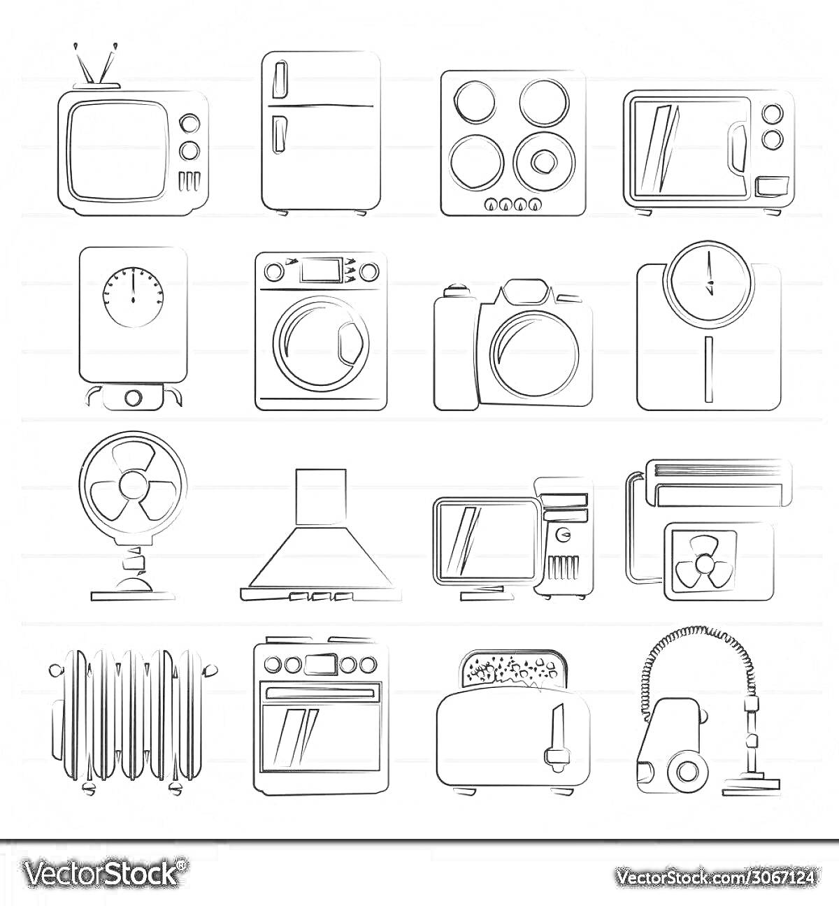 Раскраска Телевизор, холодильник, электрическая плита с духовкой, стиральная машина, фритюрница, кухонные весы, вентилятор, вытяжка, микроволновая печь, тостер, утюг, электрический радиатор, духовой шкаф, тостер, пылесос