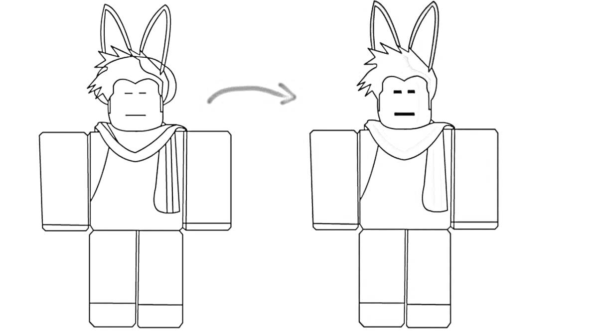 Раскраска Раскраска роблокс скина с ушками, одежда с длинным шарфом, волосы, ботинки