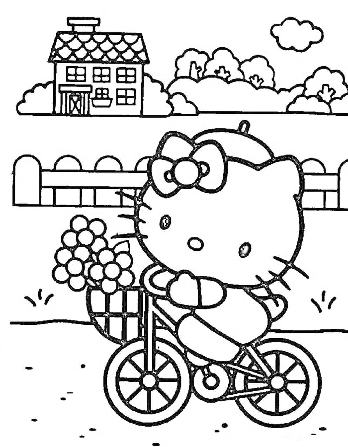 Раскраска Котенок на велосипеде с корзиной цветов на фоне дома с забором и деревьями