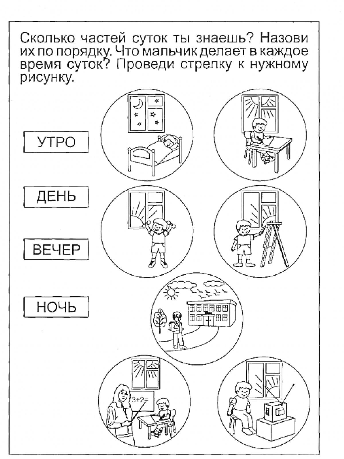 Раскраска «Части суток и действия мальчика»