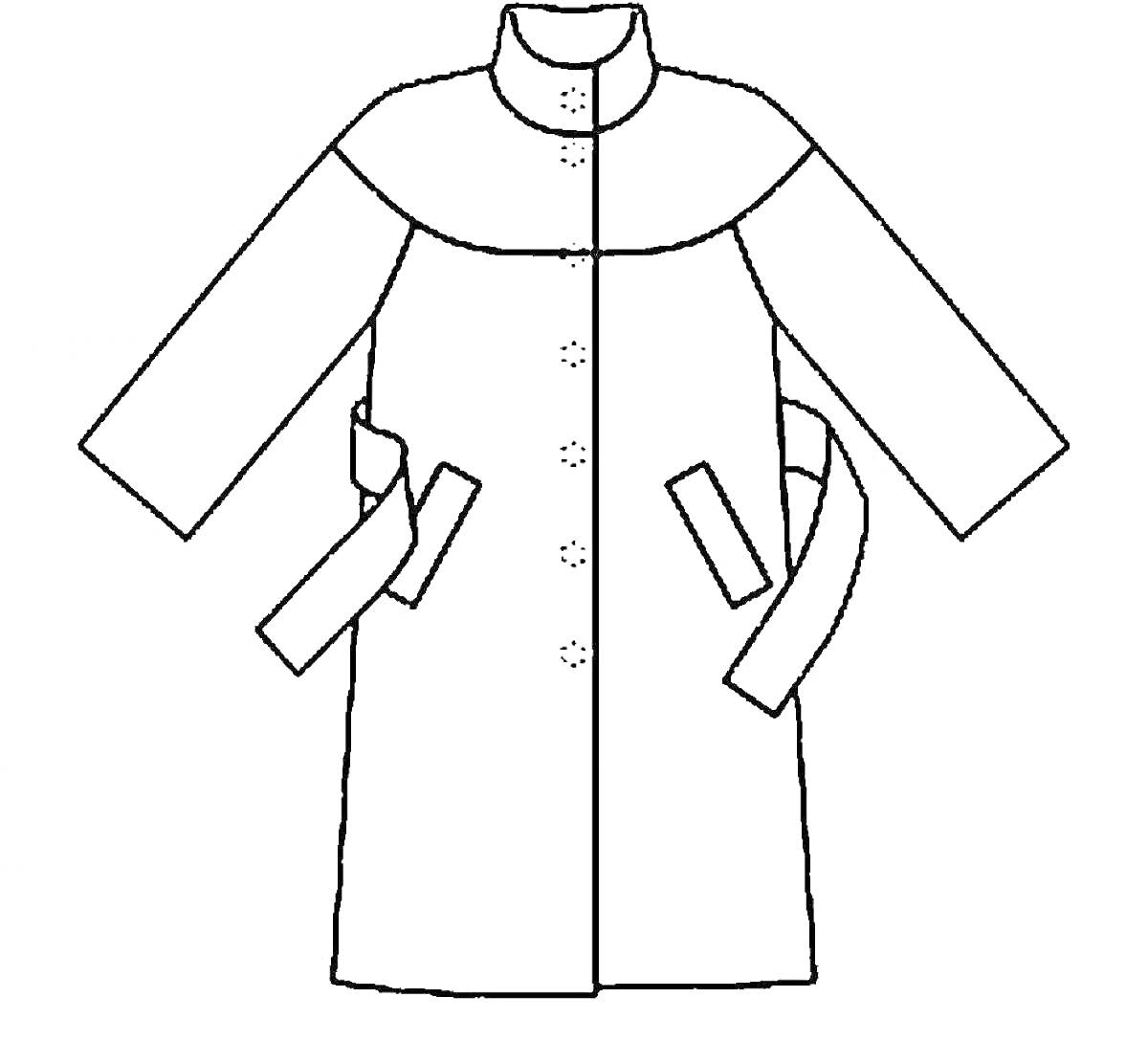 Раскраска Пальто с поясом, пуговицами и воротником-стойкой
