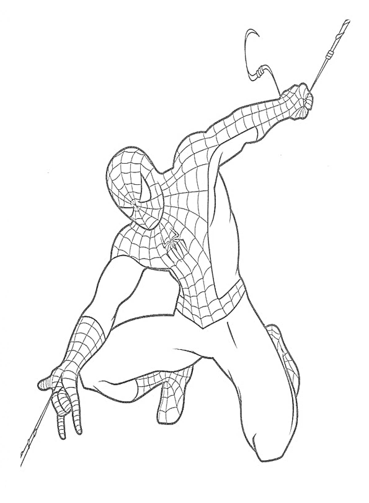 Раскраска Супергерой в костюме паука выпускает паутину.