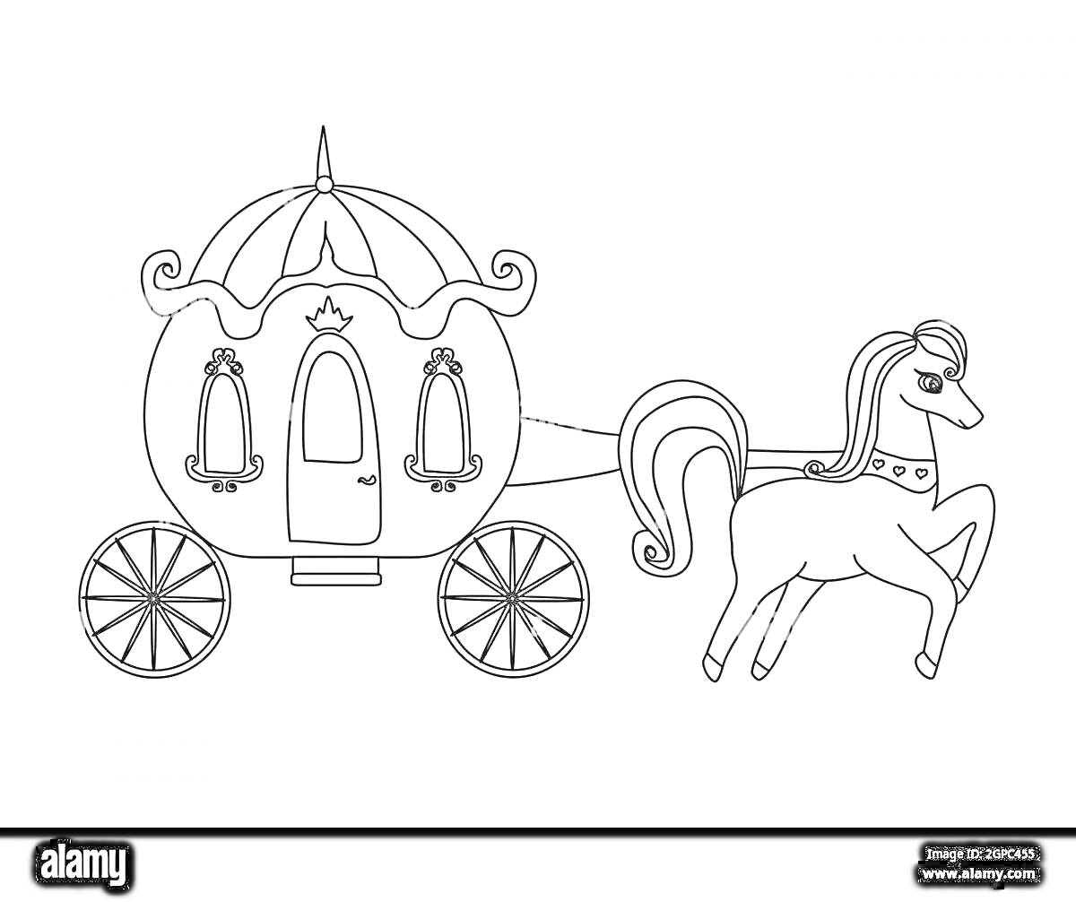 Раскраска Карета с лошадью для раскрашивания, сказочная карета с куполом, дверью и окнами, запряженная лошадью с гривой и хвостом