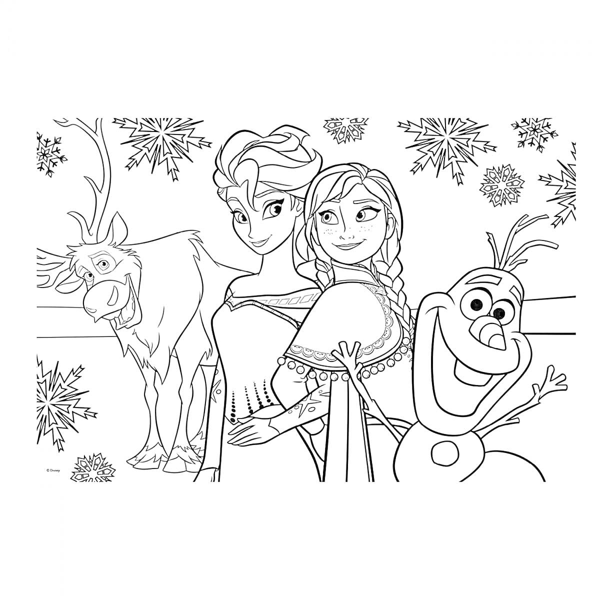 Раскраска Два персонажа с косами и снеговик перед оленем на фоне снежинок