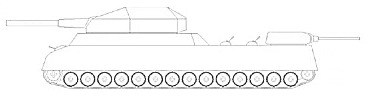 Раскраска Танковая раскраска со схемой бокового вида тяжелого танка Ратте с пушкой, гусеницами и внешними элементами корпуса
