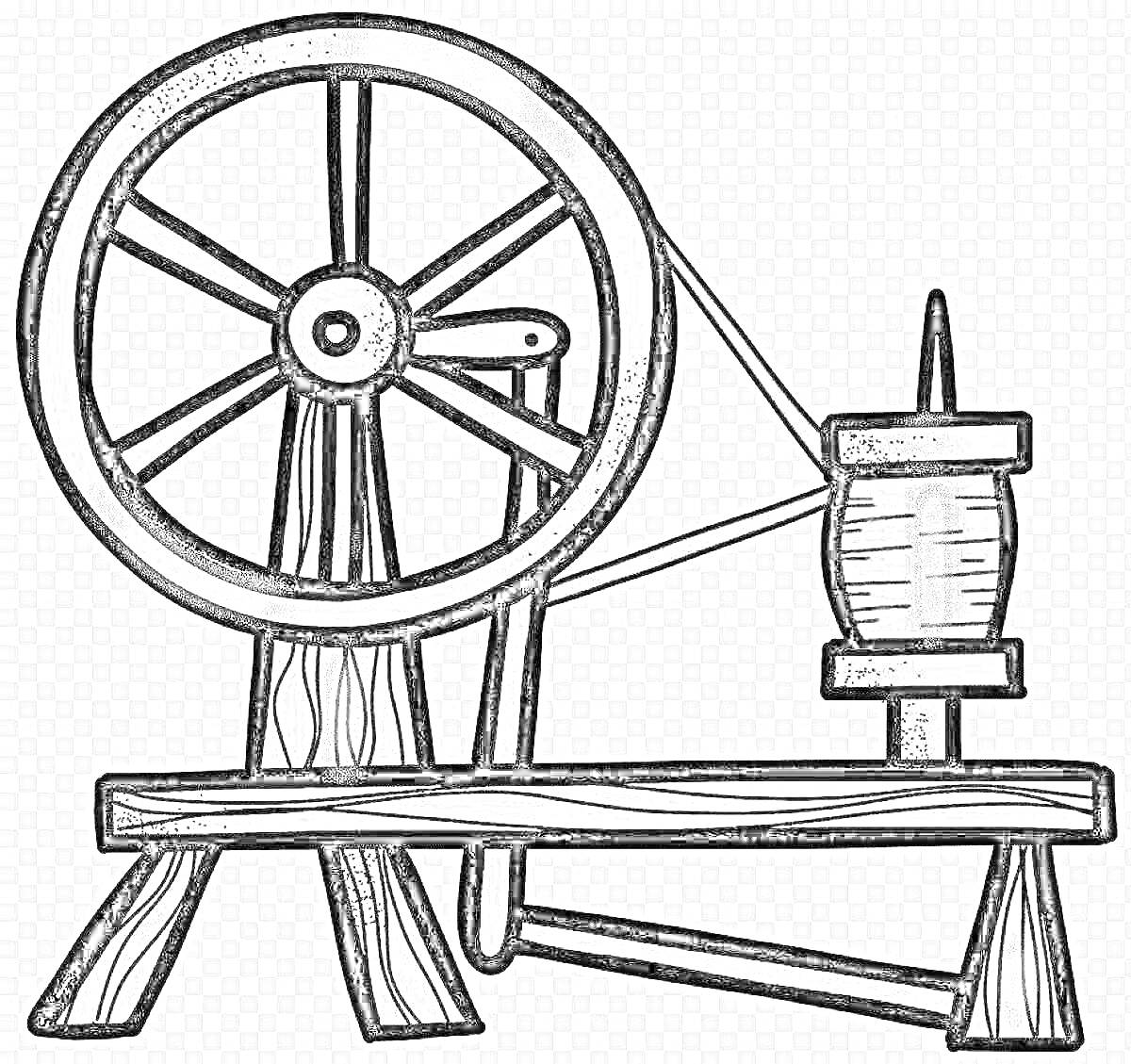 На раскраске изображено: Прялка, Инструмент, Деревья, Колеса
