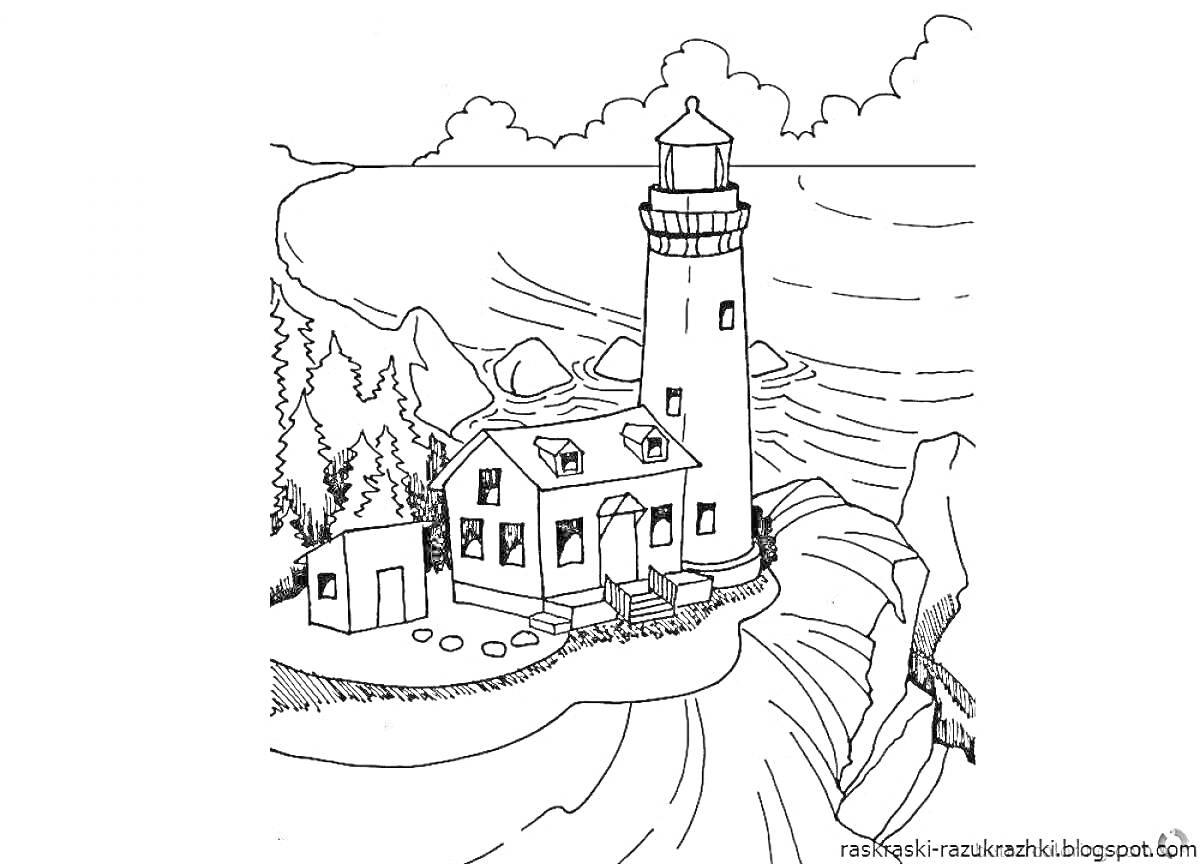 На раскраске изображено: Маяк, Утёс, Дом, Деревья, Море, Облака, Скалы, Берег