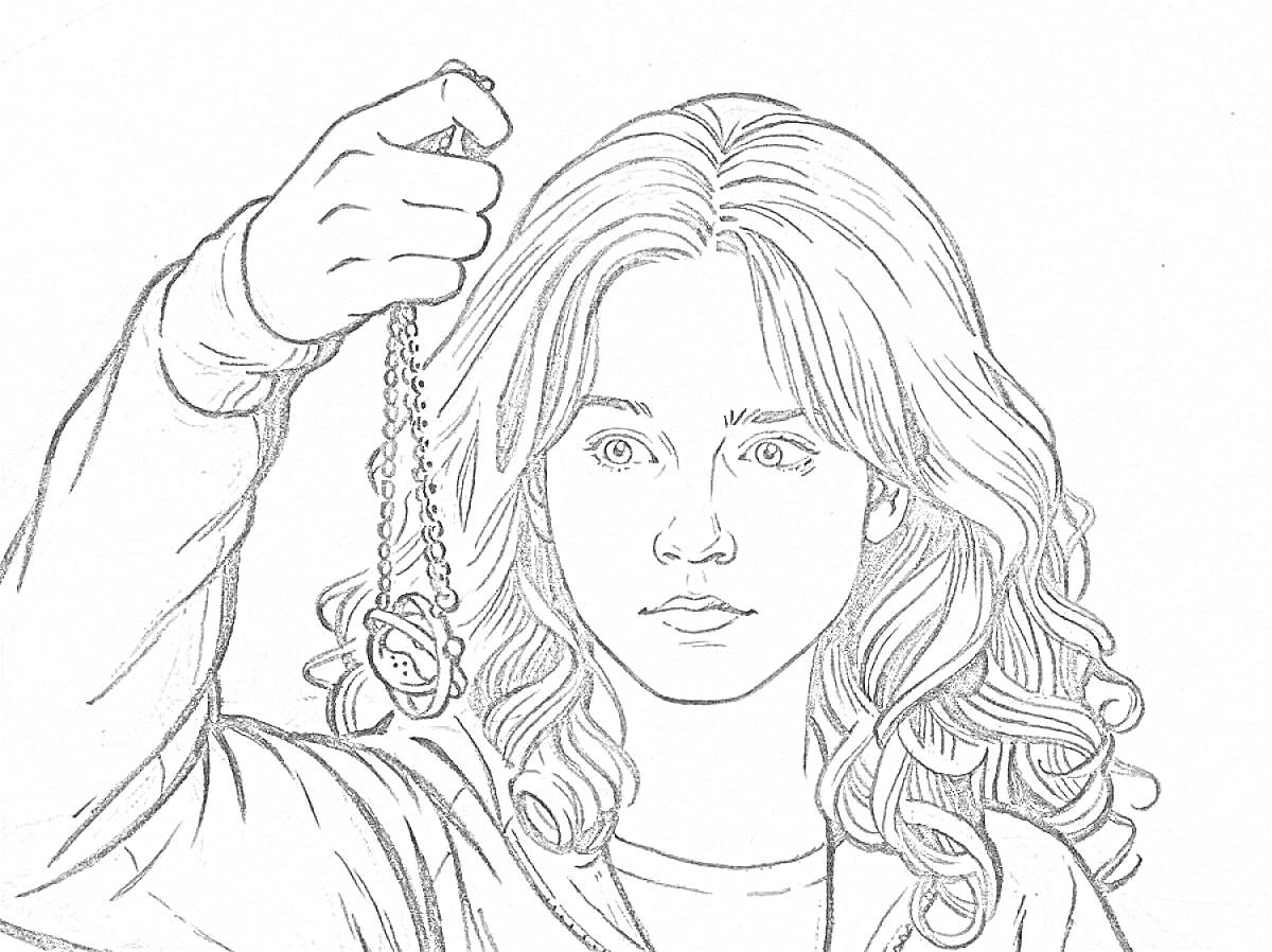 Раскраска Девушка с волнистыми волосами, держащая ожерелье