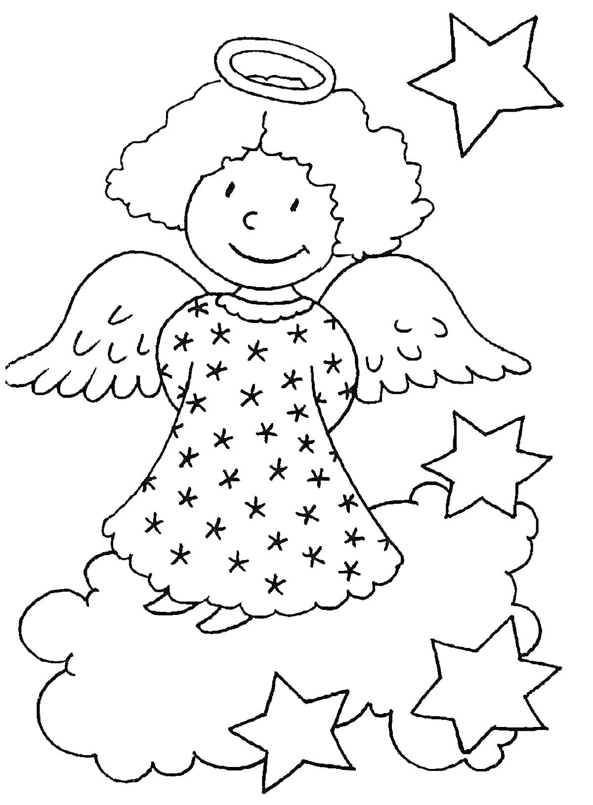 Раскраска Рождественский ангел на облаке с пятью звёздами
