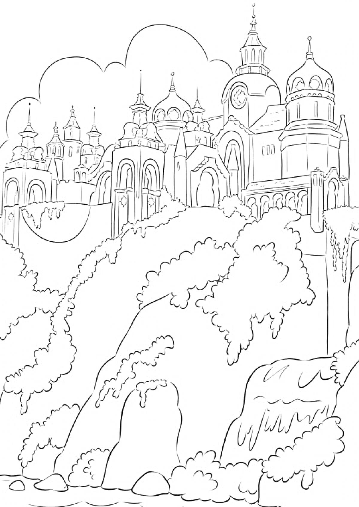 Раскраска Замок с башнями на утёсе с растительностью и рекой на переднем плане