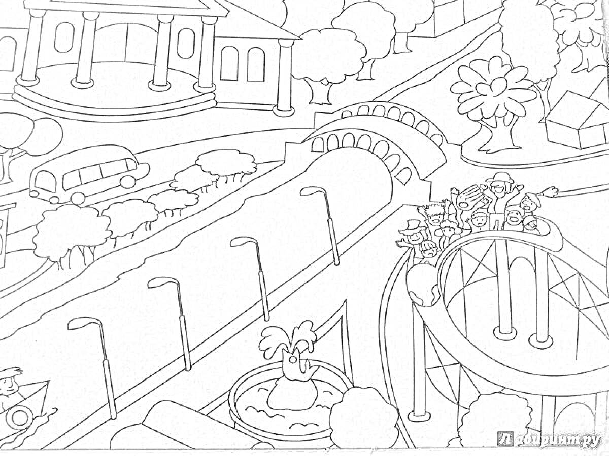 РаскраскаГород будущего с парком аттракционов, фонтаном, автобусом и мостом через реку
