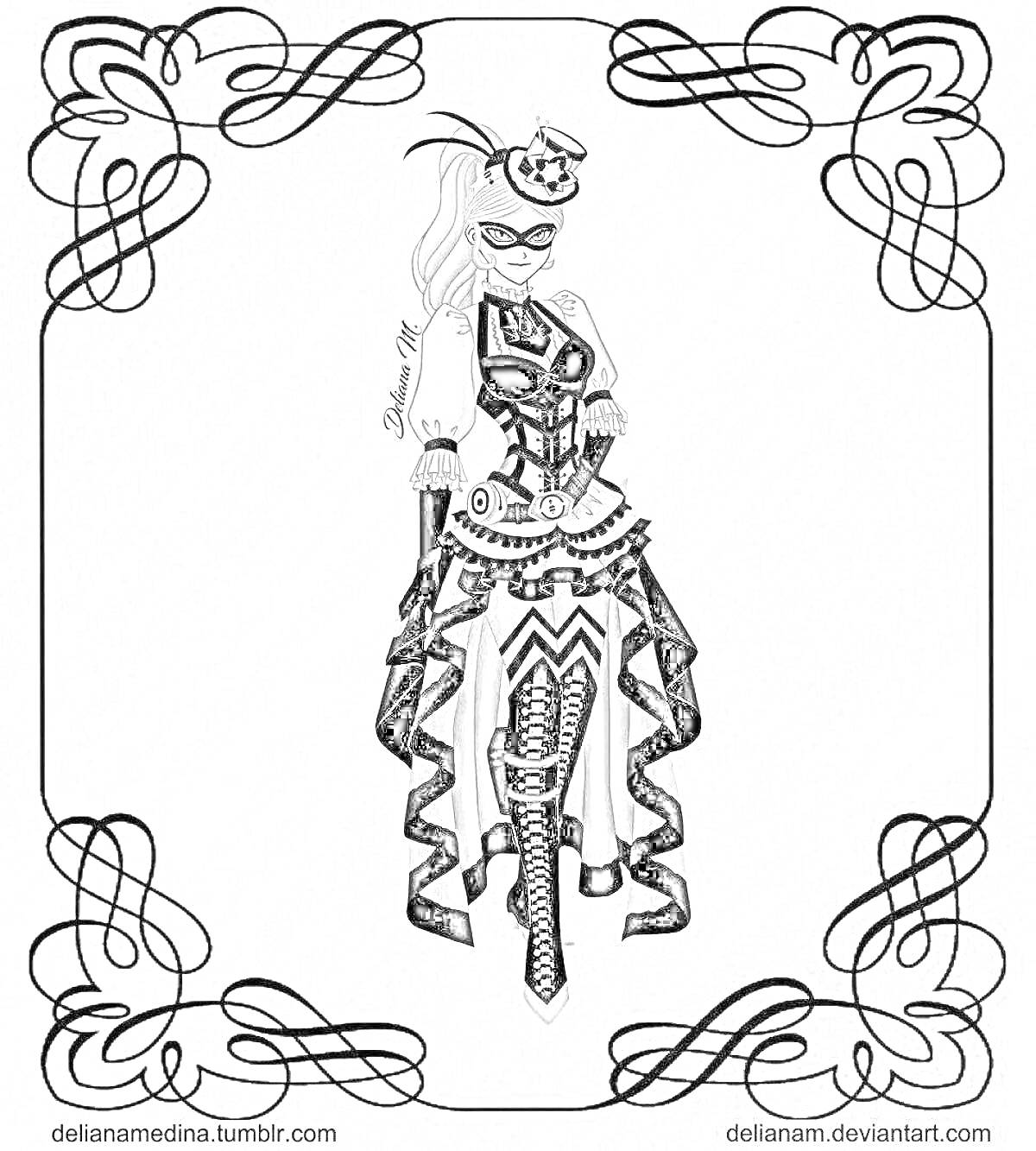 На раскраске изображено: Женщина, Маскарадный костюм, Шляпа, Корсет, Оборки