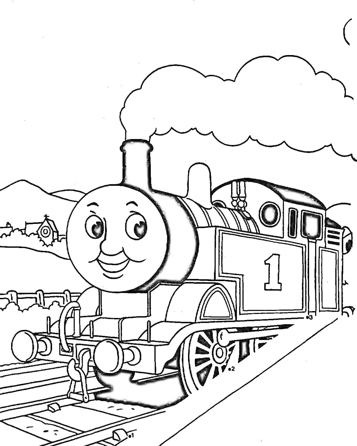 Раскраска Паровозик Томас на железной дороге с пейзажем в горах