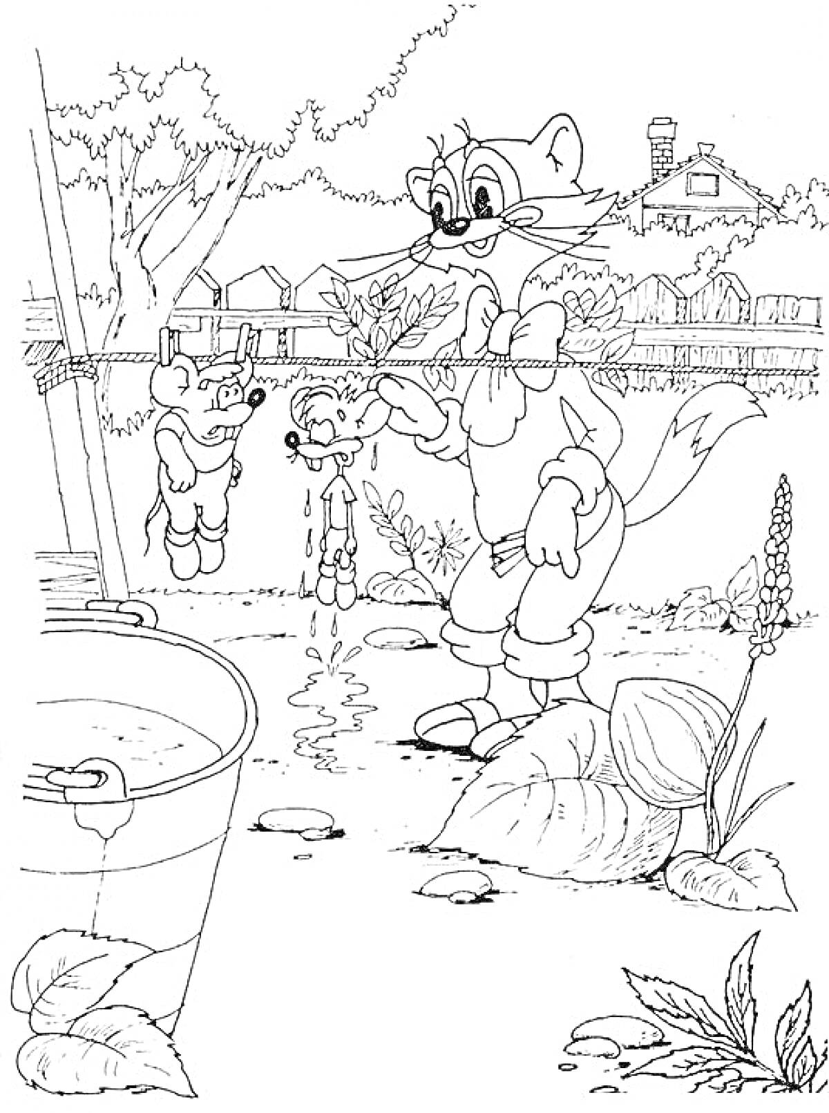 Раскраска Кот Леопольд, висящие мыши, ведро и сад