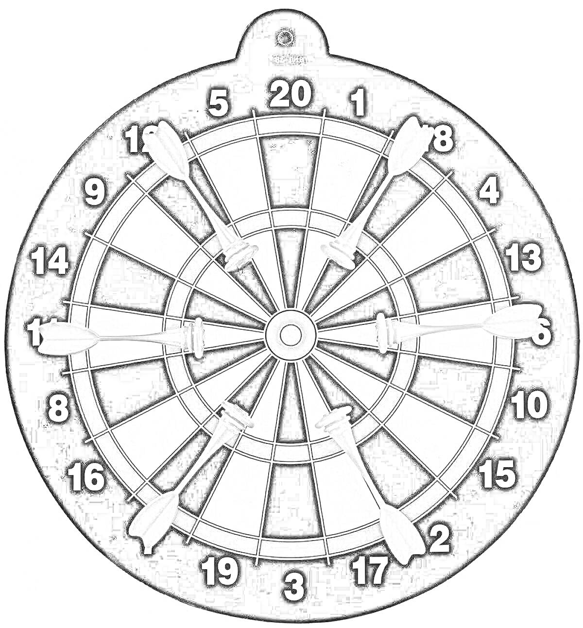 Раскраска Дартс: мишень с номерацией от 1 до 20 и восемью дротиками, застрявшими в различных секторах
