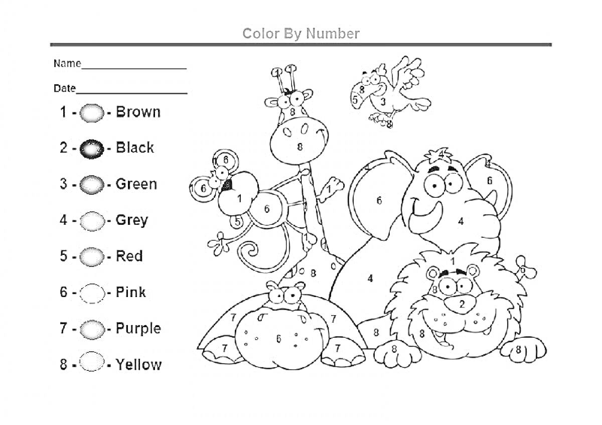 Раскраска Раскраска по номерам с животными: жираф, обезьяна, птица, слон, гиппопотам, лев