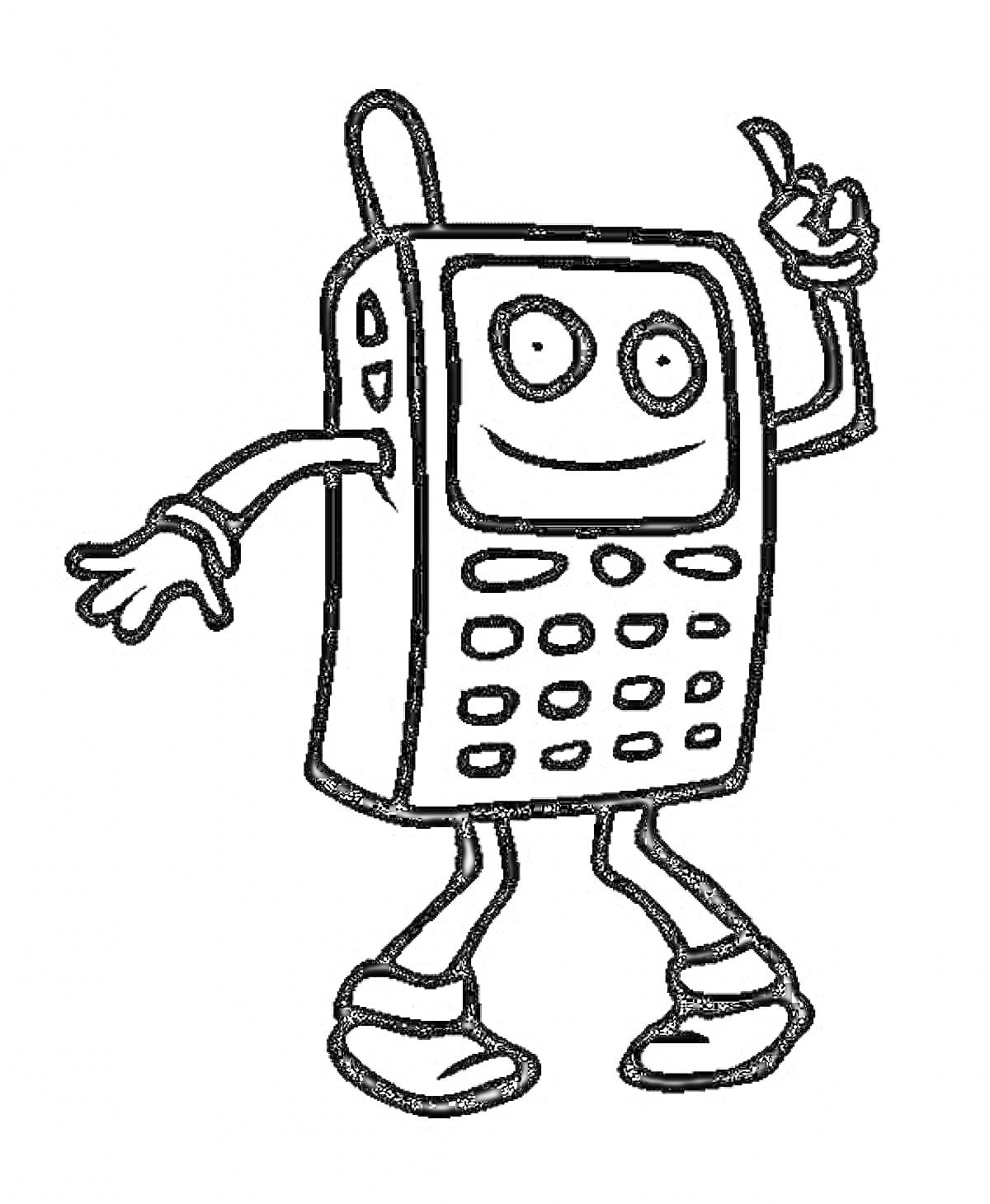 Раскраска Телефон с лицом и конечностями, поднимающий один палец вверх