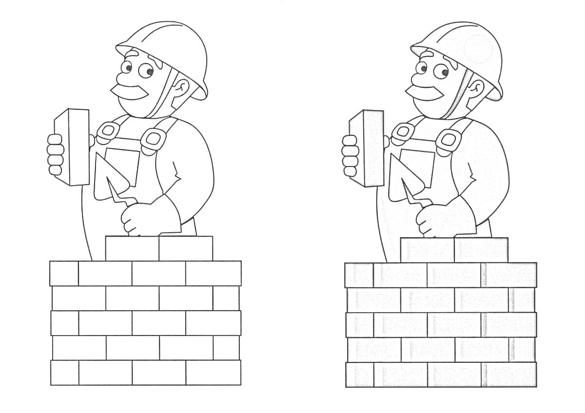 Раскраска Каменщик за работой с кирпичной стеной, каской и мастерком
