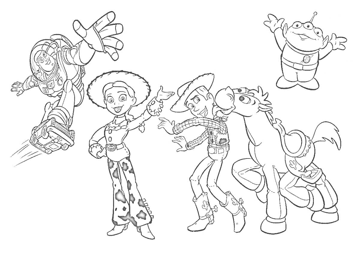 Раскраска Приключения игрушек из мультфильма (личности космонавта, ковбойки, ковбоя, инопланетянина и лошади)