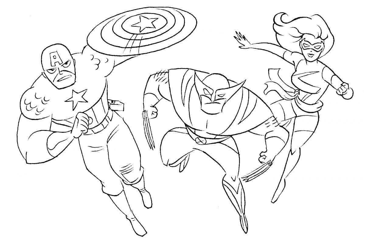 Раскраска Супергерои с щитом, когтями и скоростью