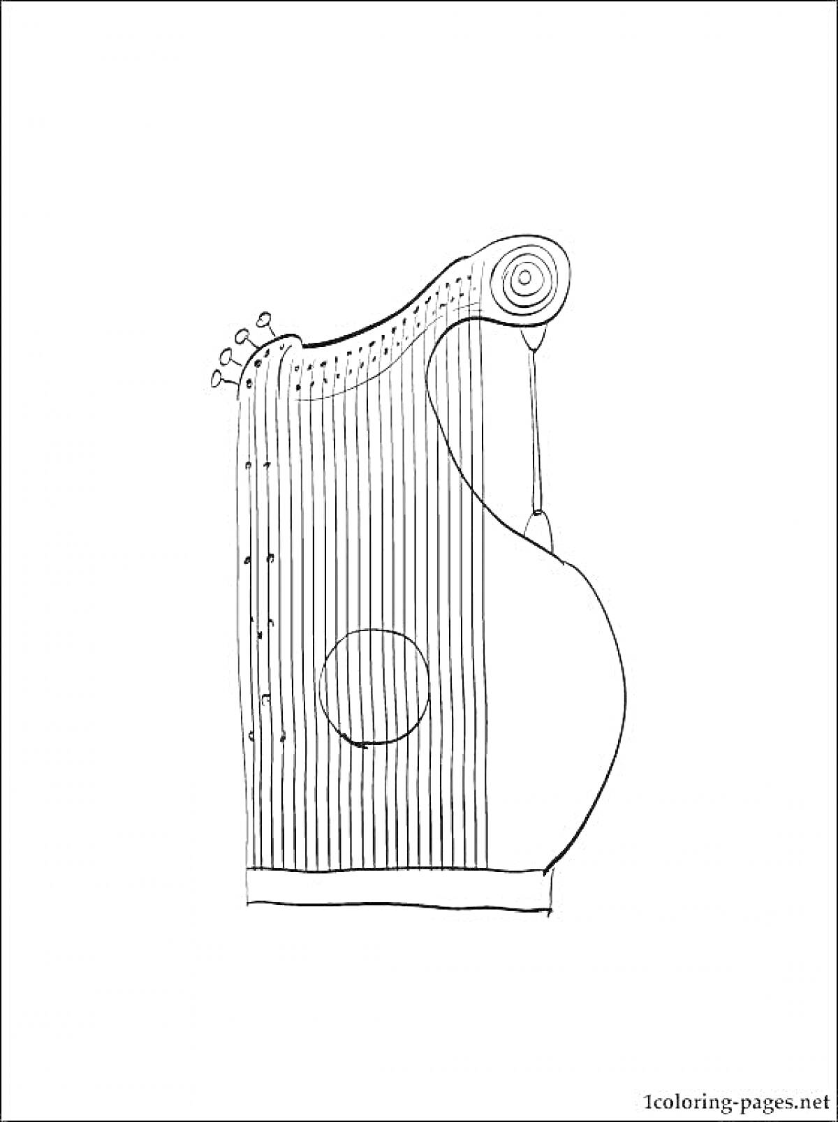 На раскраске изображено: Гусли, Струны, Колки, Традиционный инструмент, Музыкальные инструменты, Контурные рисунки