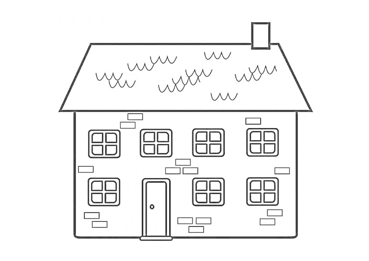 На раскраске изображено: Дом, Крыша, Труба, Окна, Дверь