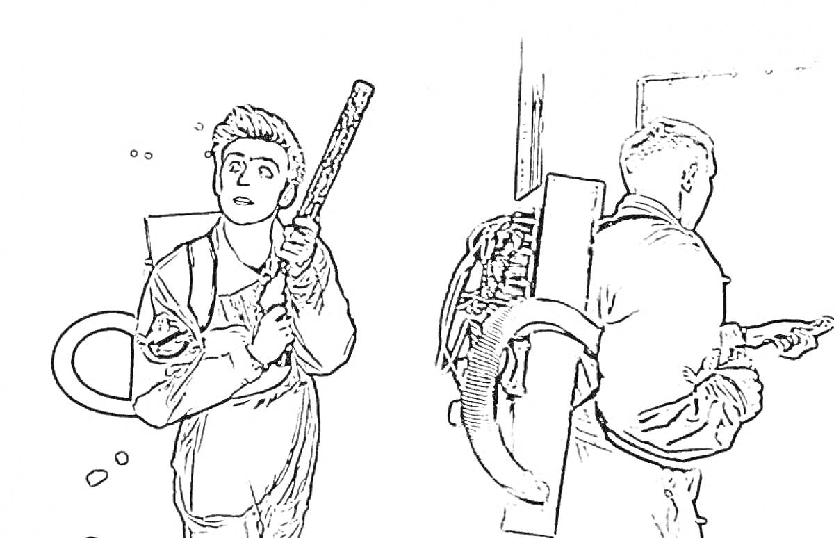 На раскраске изображено: Оружие, Трубка, Человек, Рюкзак