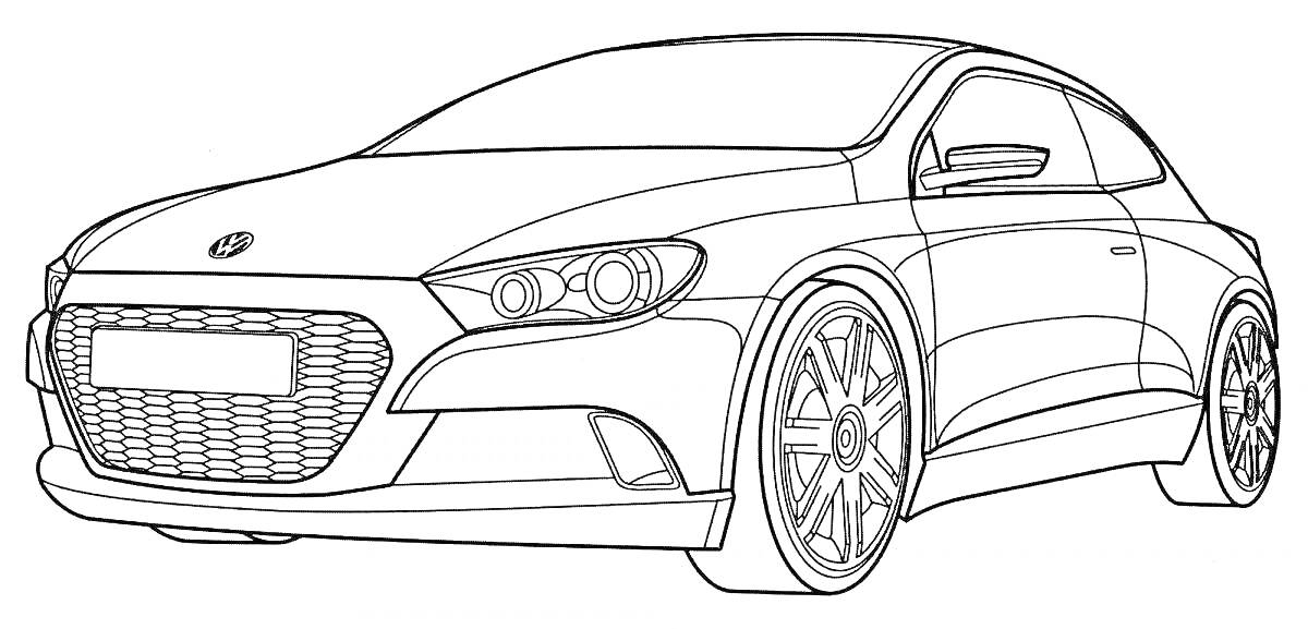 Раскраска Черно-белая раскраска автомобиля Volkswagen Polo с изображением передней части и боковой линии, включая фары, решетку радиатора, боковые зеркала и колеса.