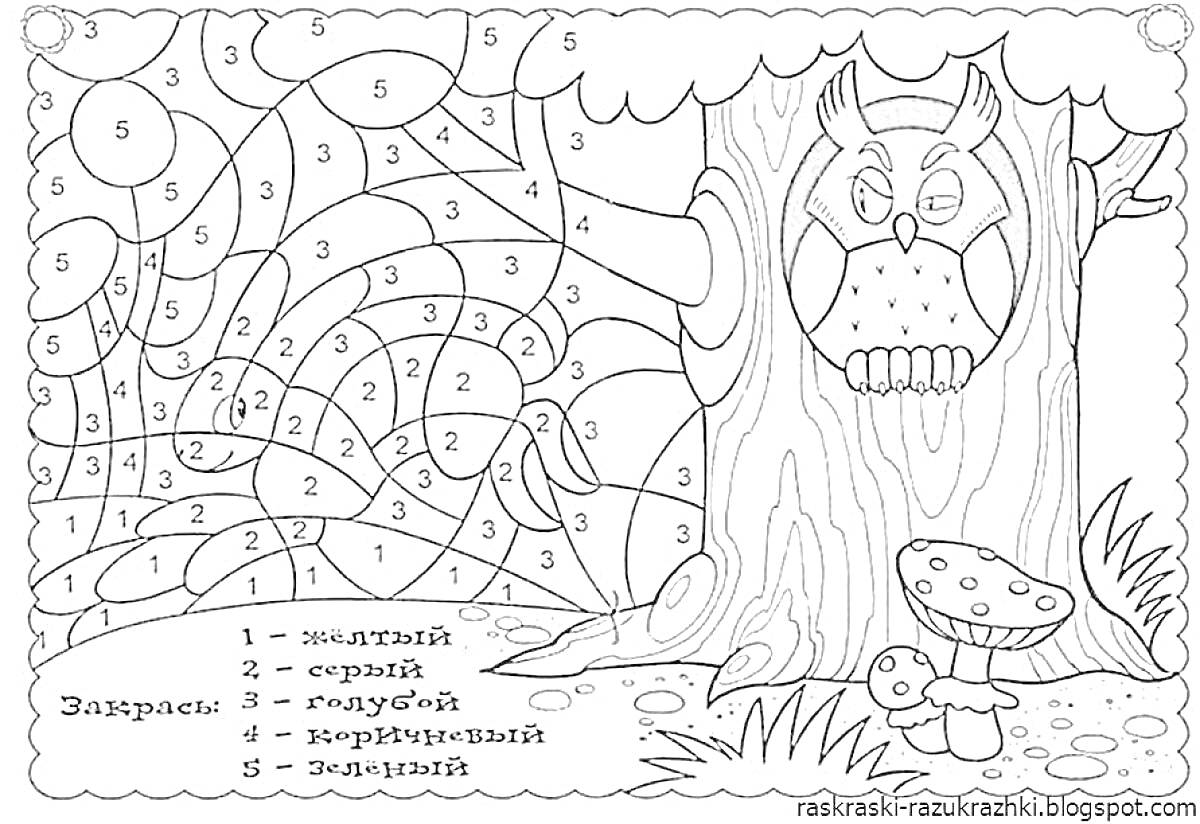 Раскраска Сова на дереве с паутиной и грибом