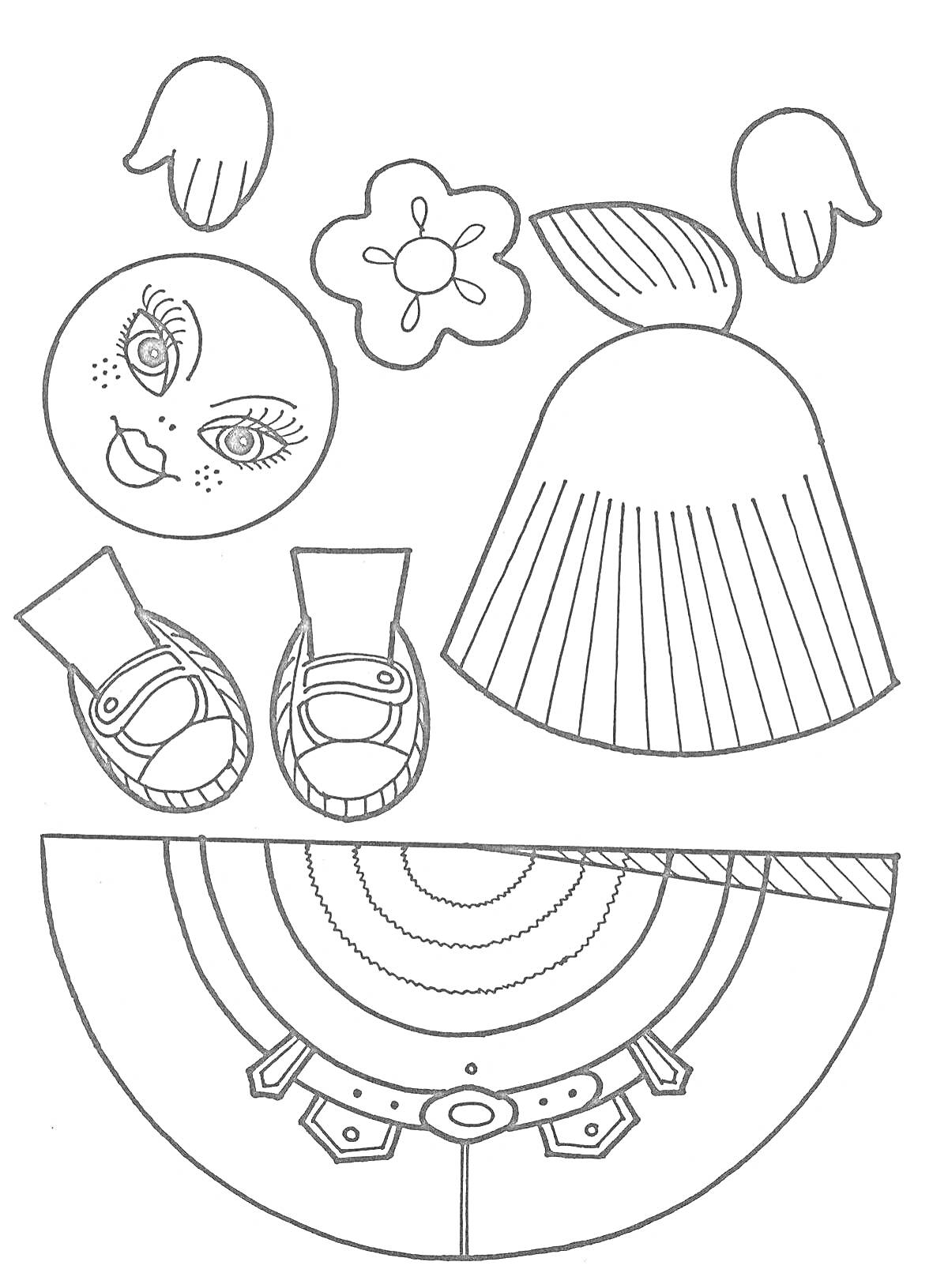 На раскраске изображено: Кукла, Поделки, Для детей, Рукоделие, Творчество, Туфли, Лицо, Руки