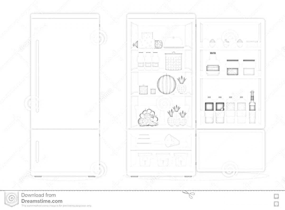 На раскраске изображено: Холодильник, Кухня, Еда, Продукты, Арбуз, Капуста, Мясо, Яйца, Зелень, Сыр