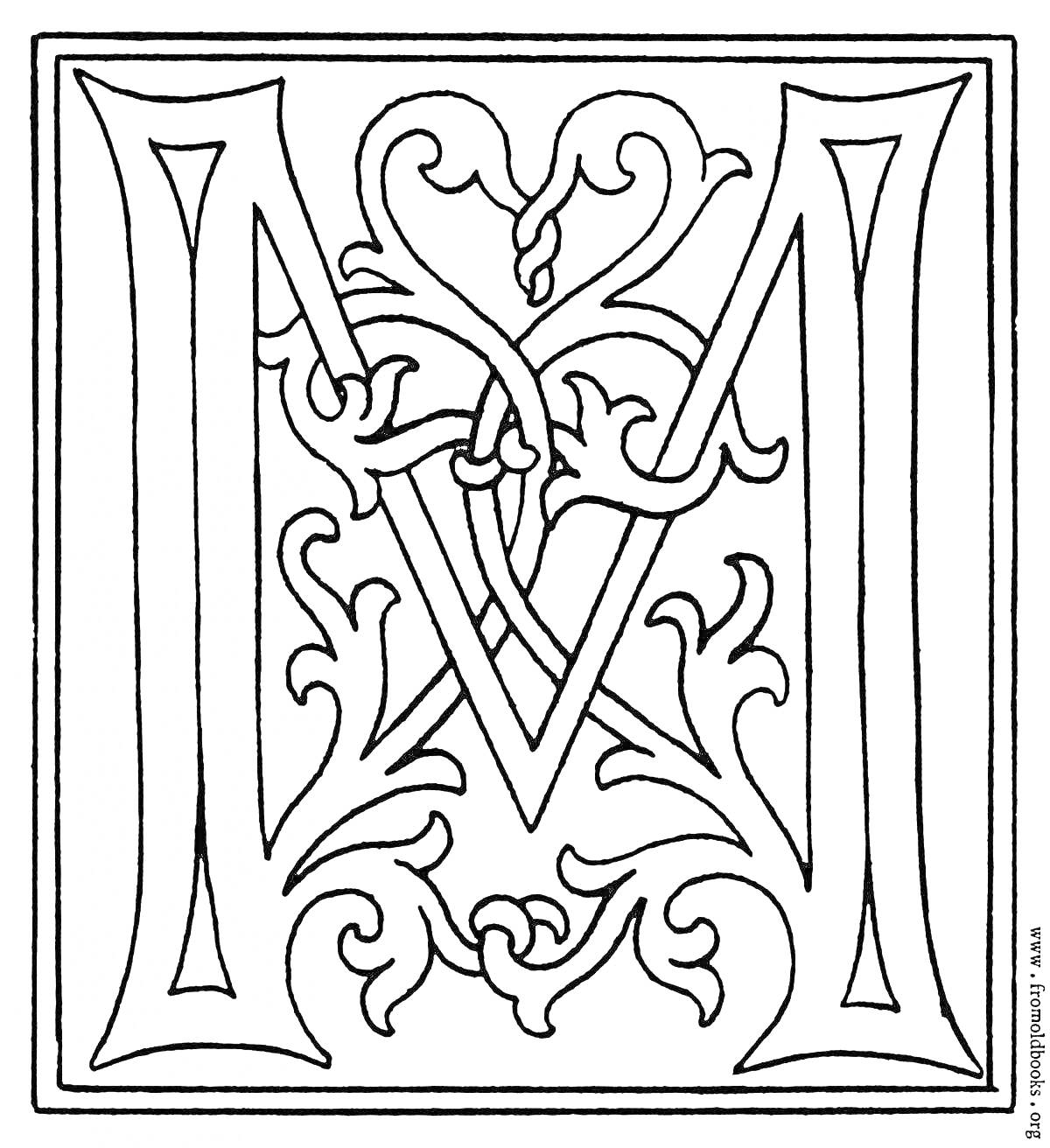 На раскраске изображено: Буква М, Растительный орнамент, Узоры, Украшения