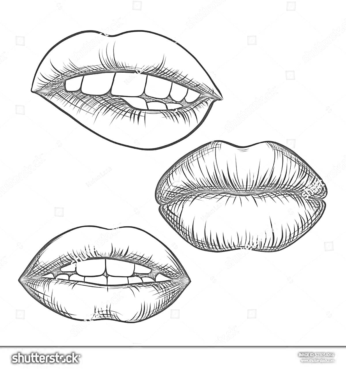Раскраска Три пары губ с разными выражениями: приоткрытые губы с видимыми зубами (верхняя и левая пары), сжатые губы (правая пара)