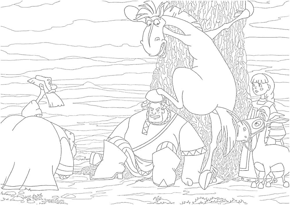 Раскраска Конь Юлий, деревья, странствующие рыцари у костра.