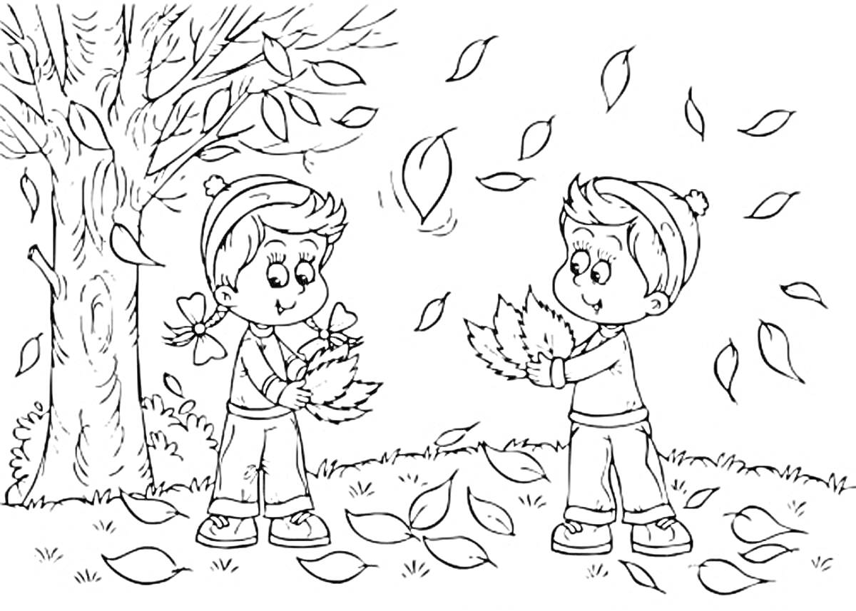 На раскраске изображено: Лес, Листья, Осень, Природа, Игра, Ветер, Забавы