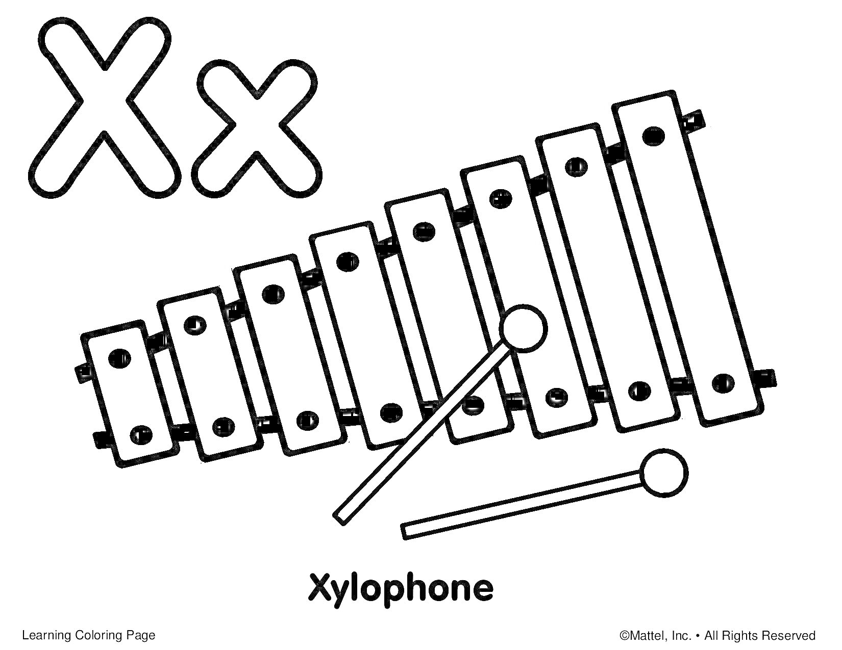 Буква Xx, металлофон, палочки для игры, надпись Xylophone