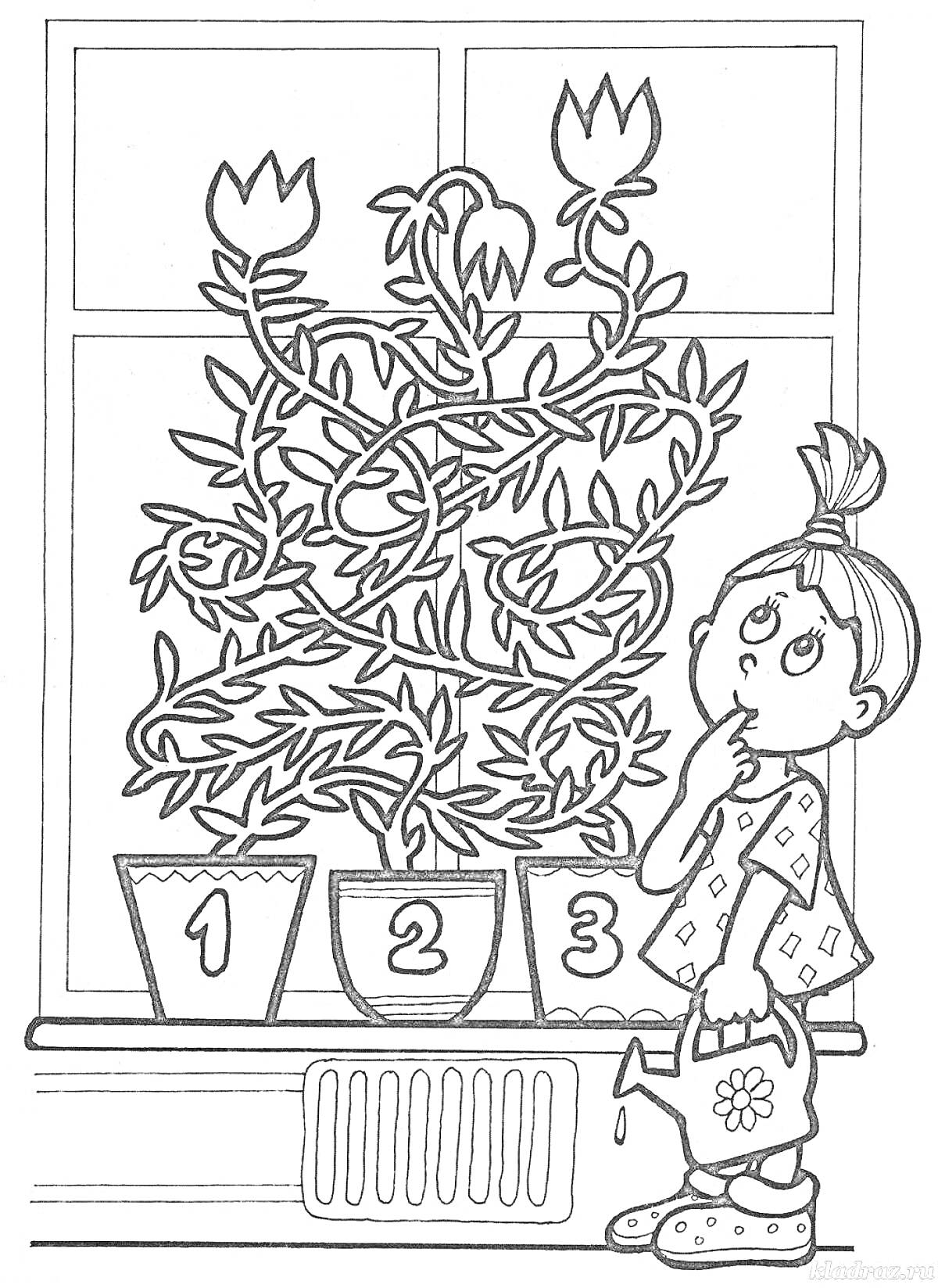 На раскраске изображено: Комнатные растения, Ребенок, Девочка, Вода, Полив, Домашний интерьер