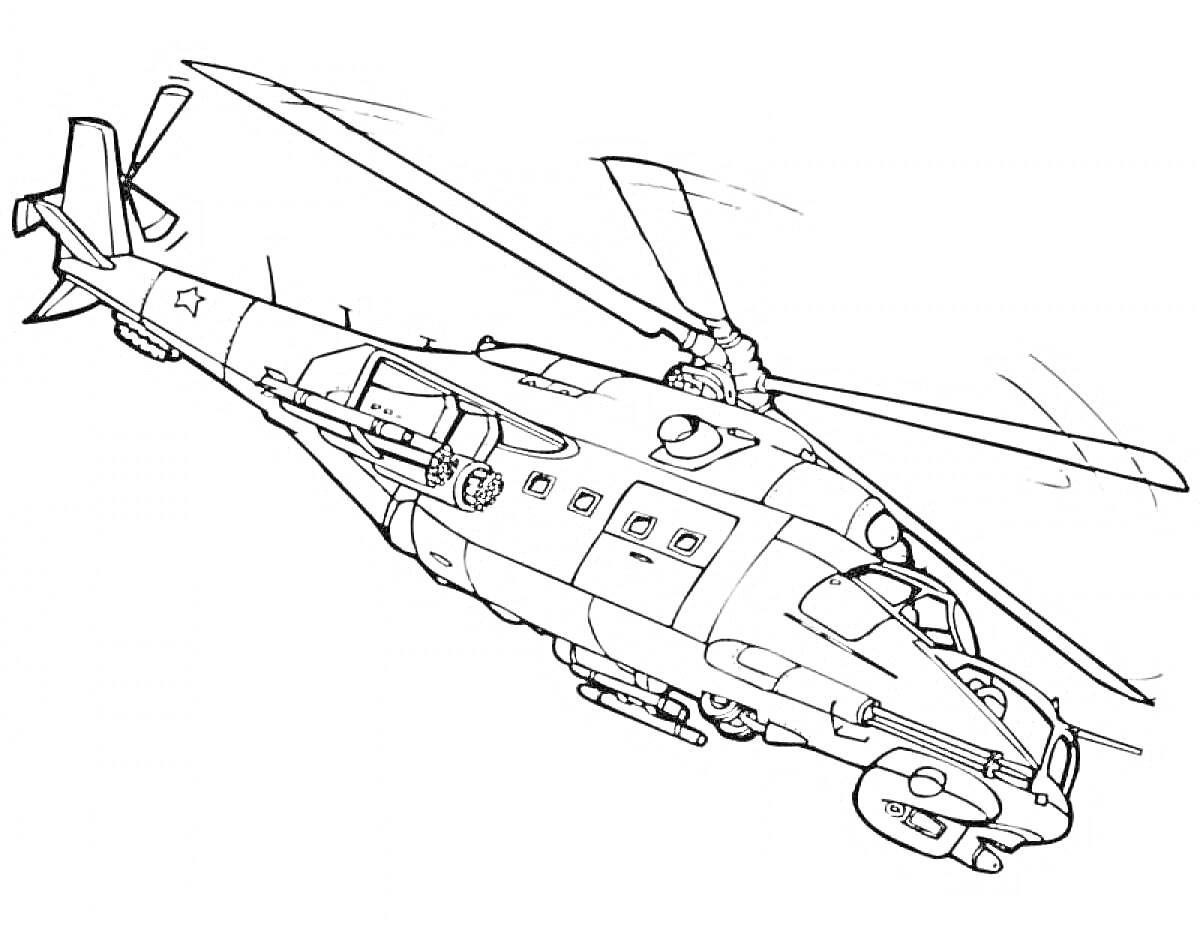 Военный вертолет с лопастями, фюзеляжем, винтом, окнами, деталями корпуса