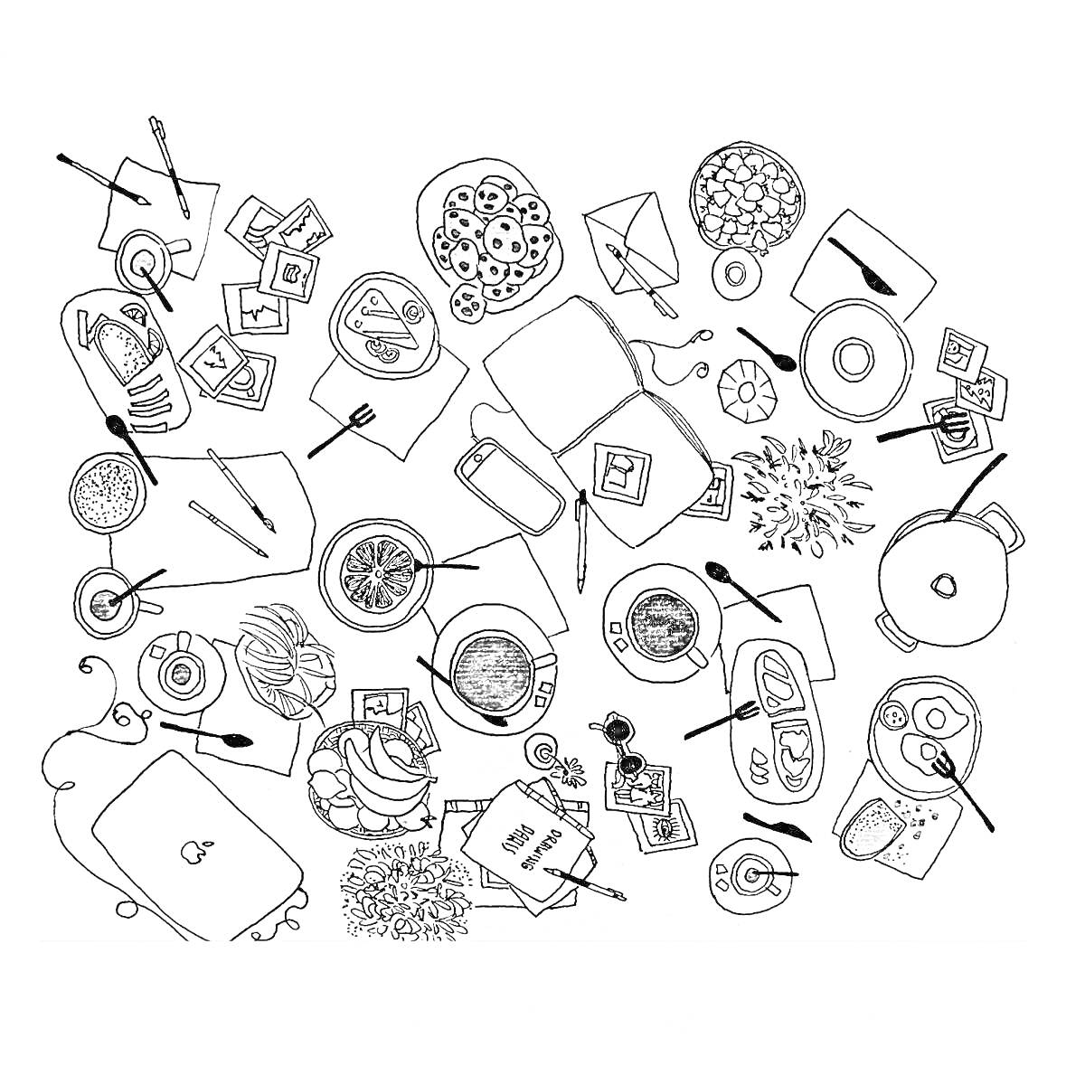 Раскраска Рисунок с элементами еды, напитков, ноутбука, блокнотов, и канцелярии